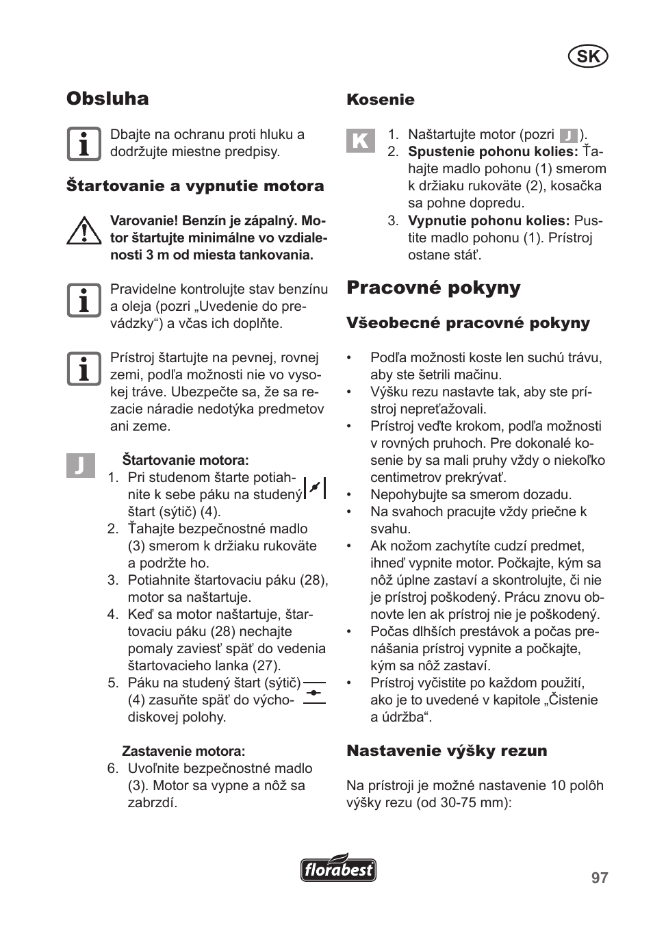 Obsluha, Pracovné pokyny | Florabest FBM 135 A1 User Manual | Page 97 / 132