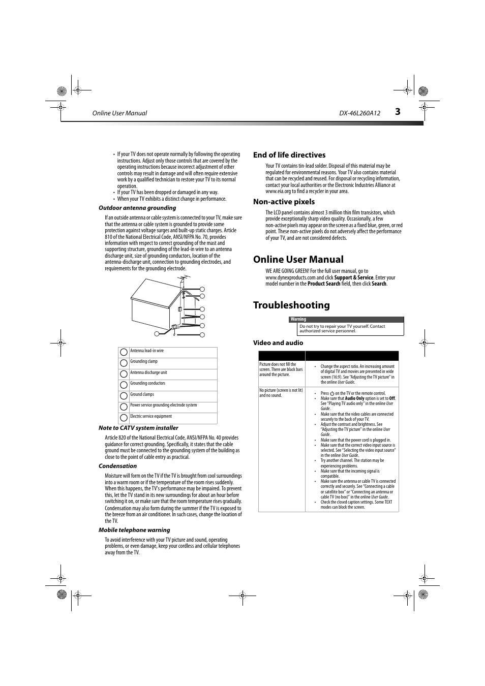 Outdoor antenna grounding, Note to catv system installer, Condensation | Mobile telephone warning, End of life directives, Non-active pixels, Online user manual, Troubleshooting, Video and audio | Dynex DX-46L260A12 User Manual | Page 5 / 12