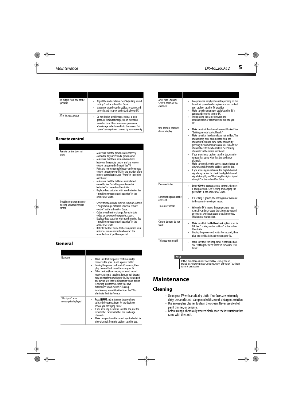 Remote control, General, Maintenance | Cleaning | Dynex DX-46L260A12 User Manual | Page 7 / 12