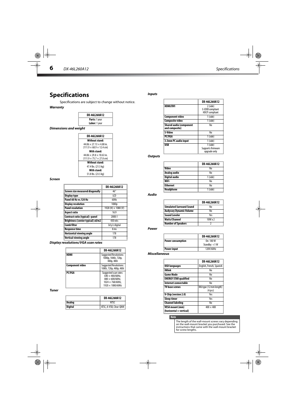 Specifications, Warranty, Dimensions and weight | Screen, Display resolutions/vga scan rates, Tuner, Inputs, Outputs, Audio, Power | Dynex DX-46L260A12 User Manual | Page 8 / 12