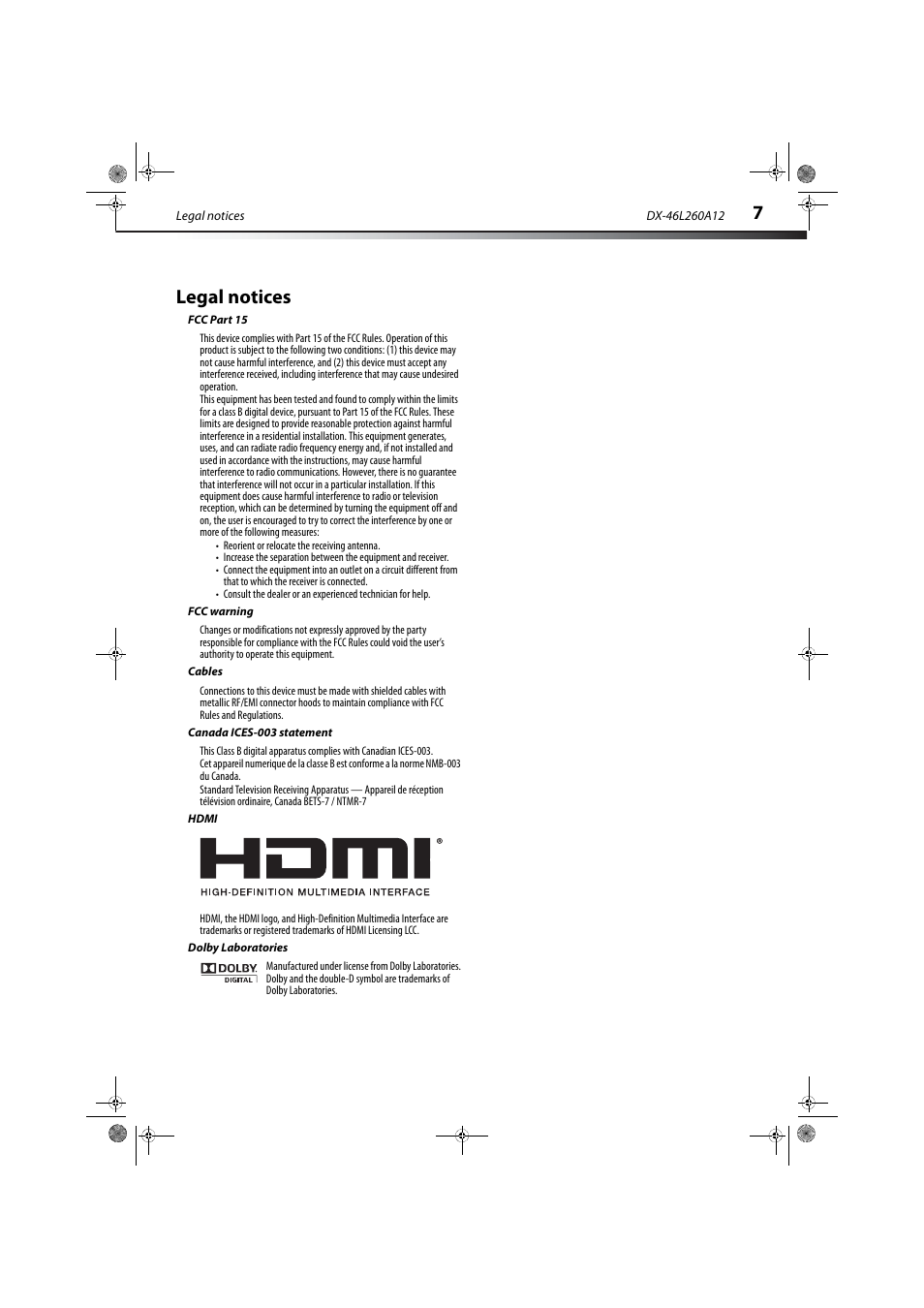 Legal notices, Fcc part 15, Fcc warning | Cables, Canada ices-003 statement, Hdmi, Dolby laboratories | Dynex DX-46L260A12 User Manual | Page 9 / 12