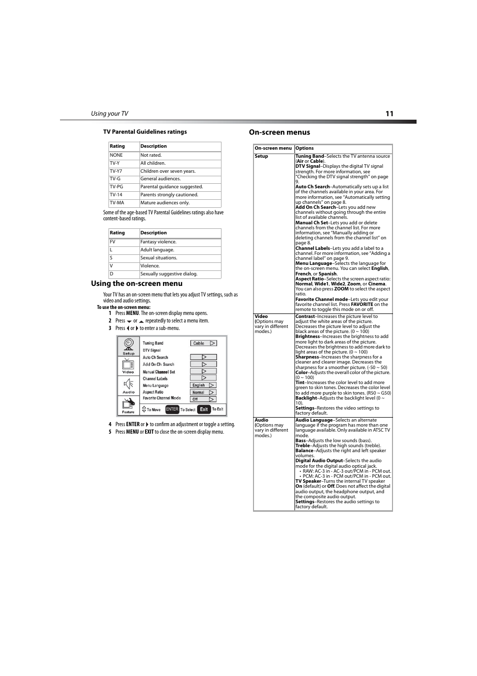 Using the on-screen menu, On-screen menus, Using the on-screen menu on-screen menus | Dynex DX-LCD19-09 User Manual | Page 11 / 36