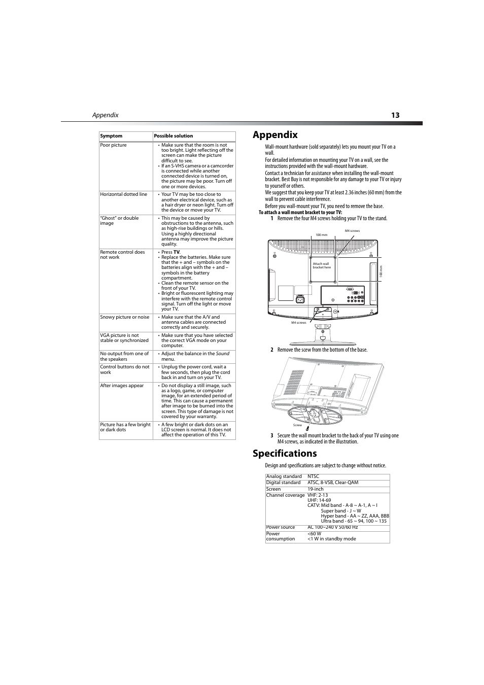 Appendix, Specifications, Appendix specifications | Dynex DX-LCD19-09 User Manual | Page 13 / 36