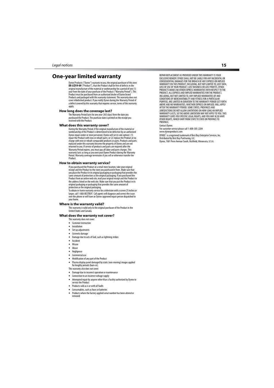 One-year limited warranty | Dynex DX-LCD19-09 User Manual | Page 15 / 36