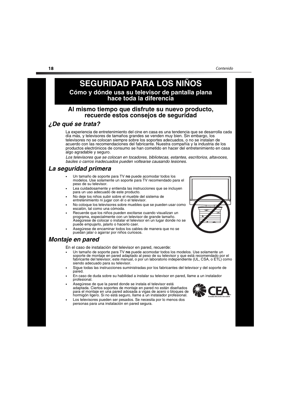 Seguridad para los niños, La seguridad primera, Montaje en pared | Dynex DX-LCD19-09 User Manual | Page 18 / 36