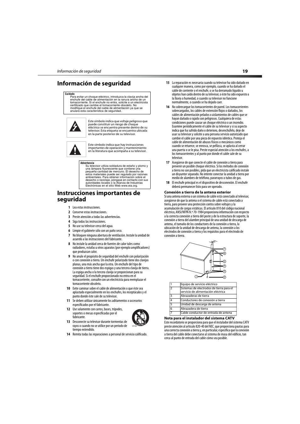 Información de seguridad, Instrucciones importantes de seguridad | Dynex DX-LCD19-09 User Manual | Page 19 / 36