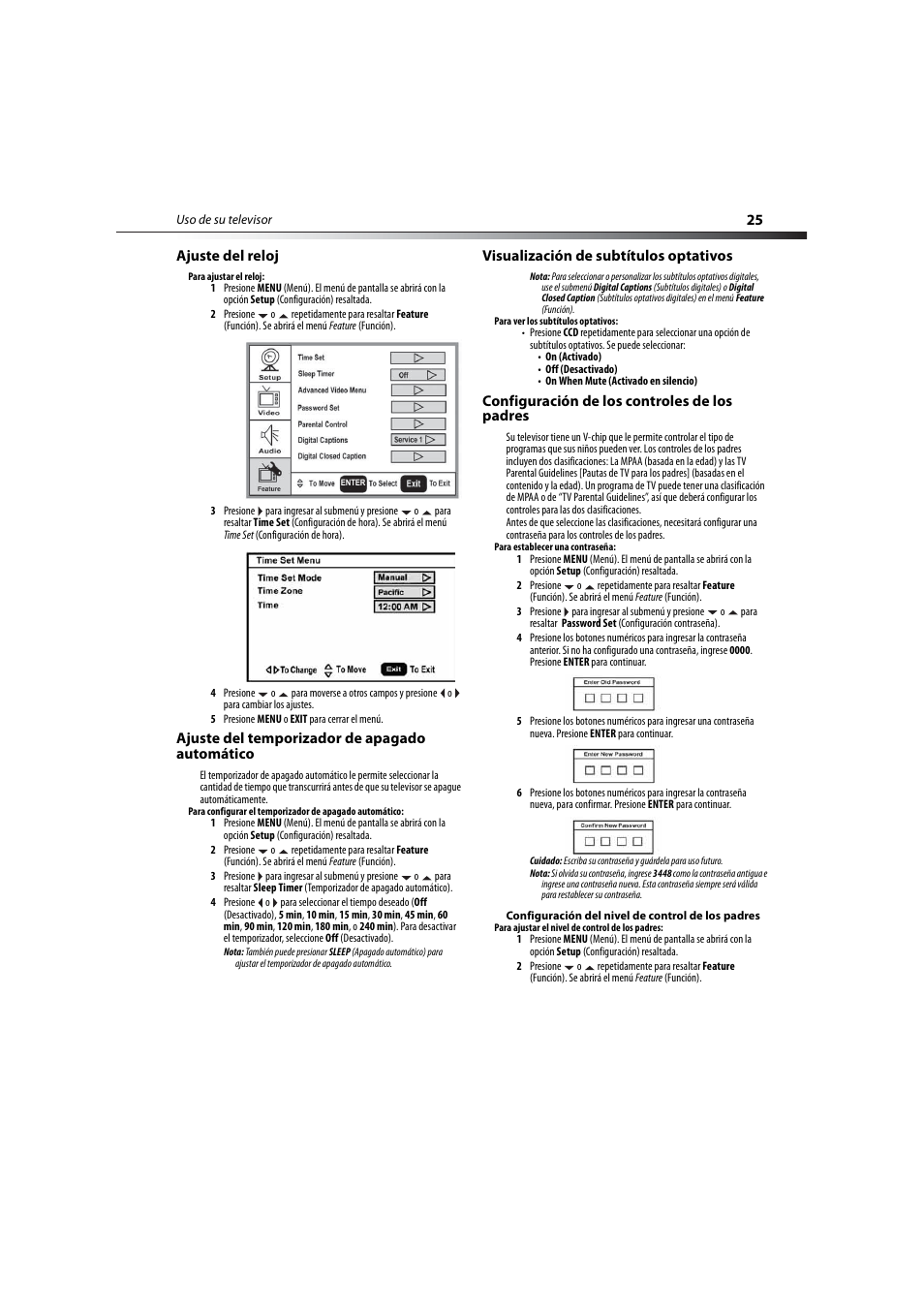 Ajuste del reloj, Ajuste del temporizador de apagado automático, Visualización de subtítulos optativos | Configuración de los controles de los padres, Na 25 | Dynex DX-LCD19-09 User Manual | Page 25 / 36