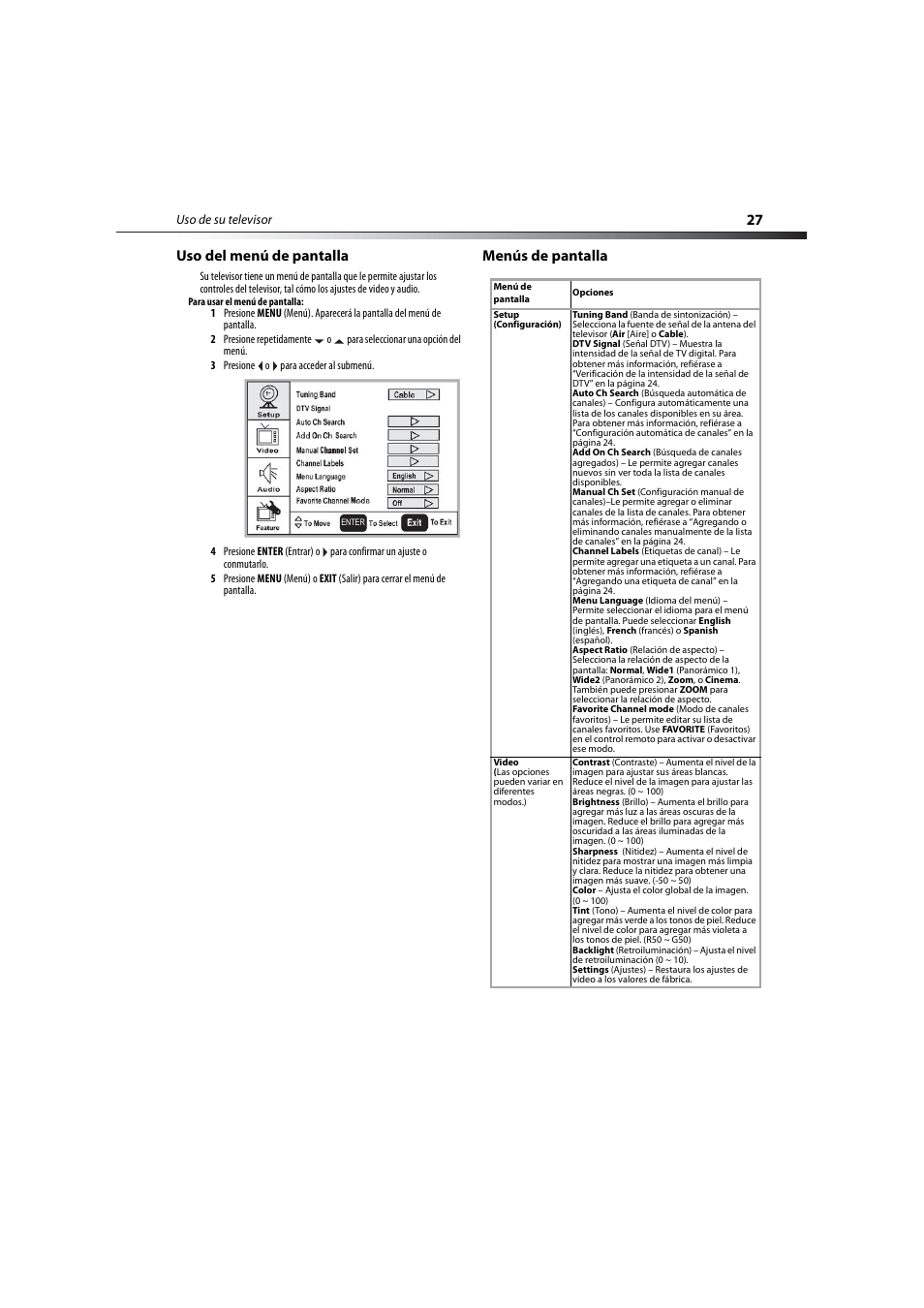 Uso del menú de pantalla, Menús de pantalla, Uso del menú de pantalla menús de pantalla | Dynex DX-LCD19-09 User Manual | Page 27 / 36