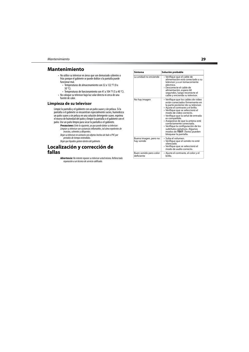 Mantenimiento, Limpieza de su televisor, Localización y corrección de fallas | Dynex DX-LCD19-09 User Manual | Page 29 / 36