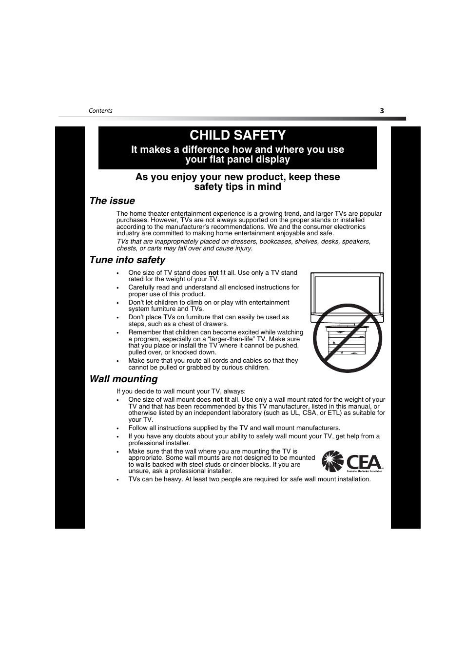 Child safety, Tune into safety, Wall mounting | Dynex DX-LCD19-09 User Manual | Page 3 / 36