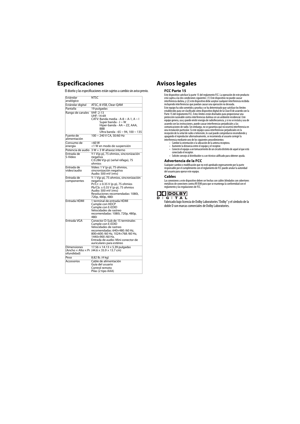 Especificaciones, Avisos legales, Especificaciones avisos legales | Dynex DX-LCD19-09 User Manual | Page 31 / 36