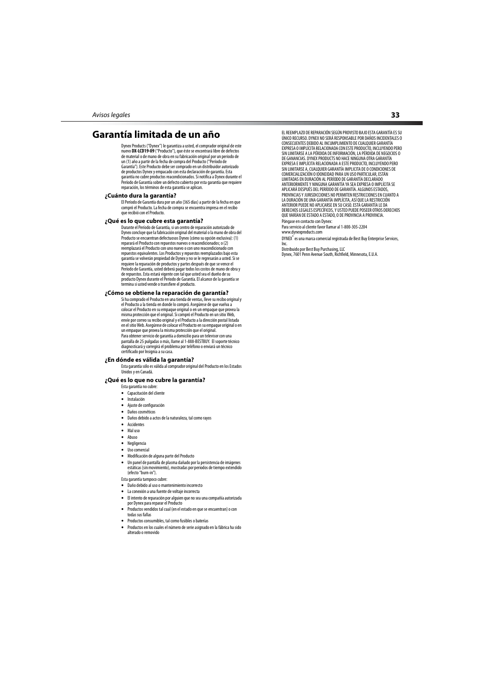 Garantía limitada de un aсo, Garantía limitada de un año | Dynex DX-LCD19-09 User Manual | Page 33 / 36