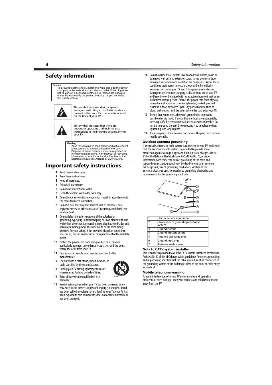 Safety information, Important safety instructions, Safety information important safety instructions | Dynex DX-LCD19-09 User Manual | Page 4 / 36