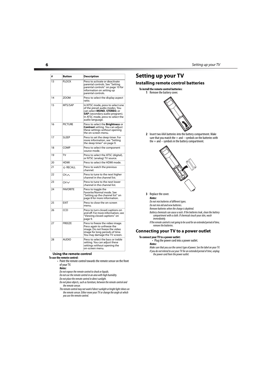 Setting up your tv, Installing remote control batteries, Connecting your tv to a power outlet | Dynex DX-LCD19-09 User Manual | Page 6 / 36