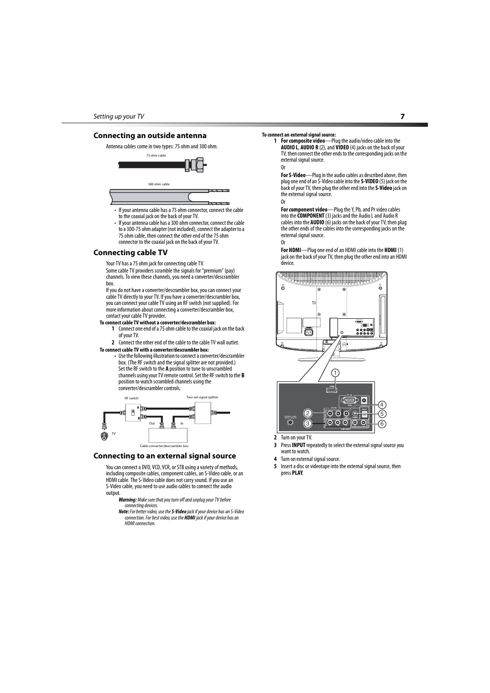 Connecting an outside antenna, Connecting cable tv, Connecting to an external signal source | 7connecting an outside antenna, Setting up your tv | Dynex DX-LCD19-09 User Manual | Page 7 / 36