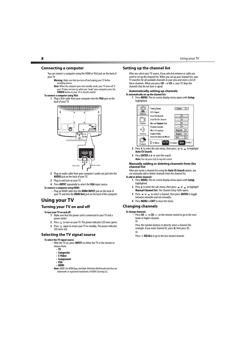 Connecting a computer, Using your tv, Turning your tv on and off | Selecting the tv signal source, Setting up the channel list, Changing channels, Setting up the channel list” o, 8 fo | Dynex DX-LCD19-09 User Manual | Page 8 / 36