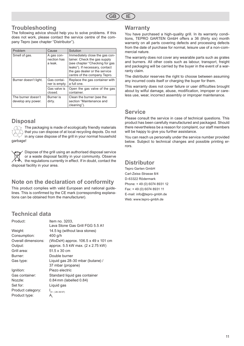 Troubleshooting, Disposal, Technical data | Warranty, Service, Distributor, Ie gb | Florabest FGG 5.5 A1 User Manual | Page 11 / 76