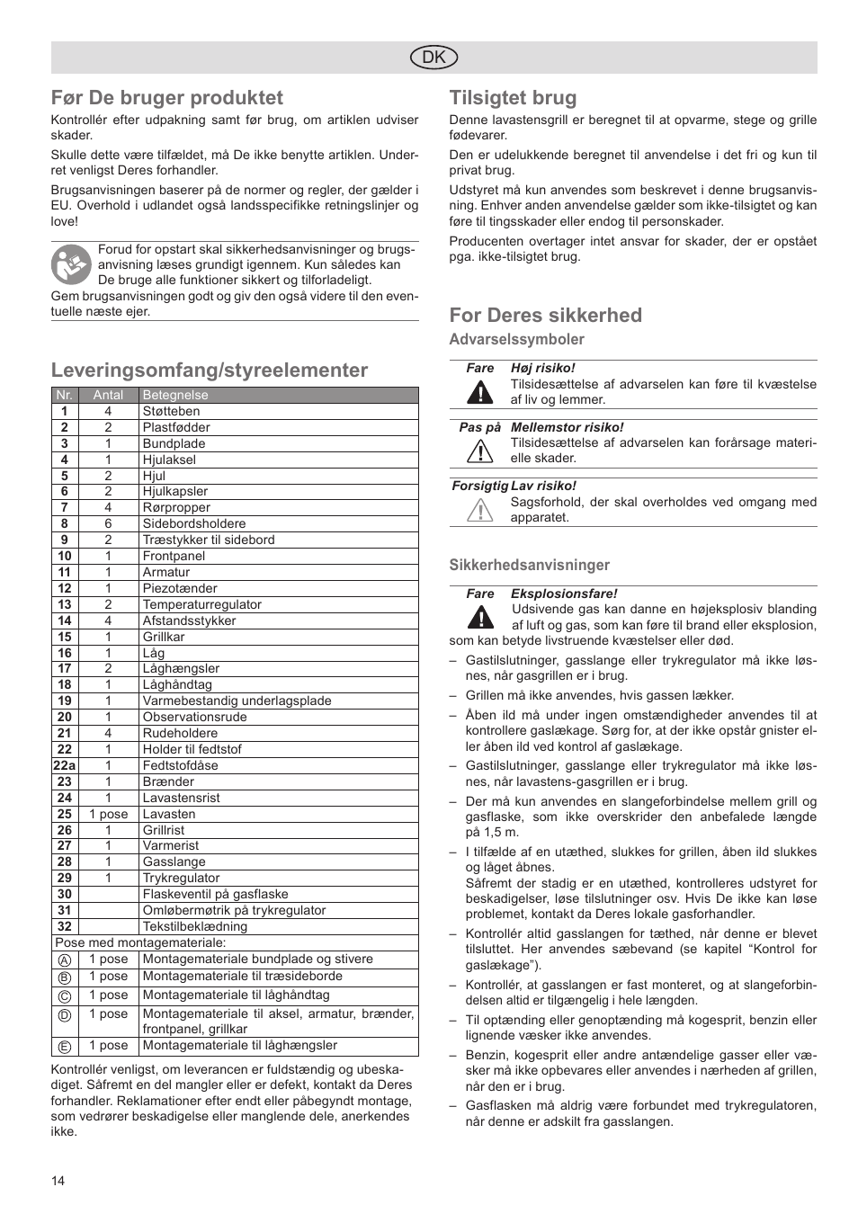 Før de bruger produktet, Leveringsomfang/styreelementer, Tilsigtet brug | For deres sikkerhed | Florabest FGG 5.5 A1 User Manual | Page 14 / 76