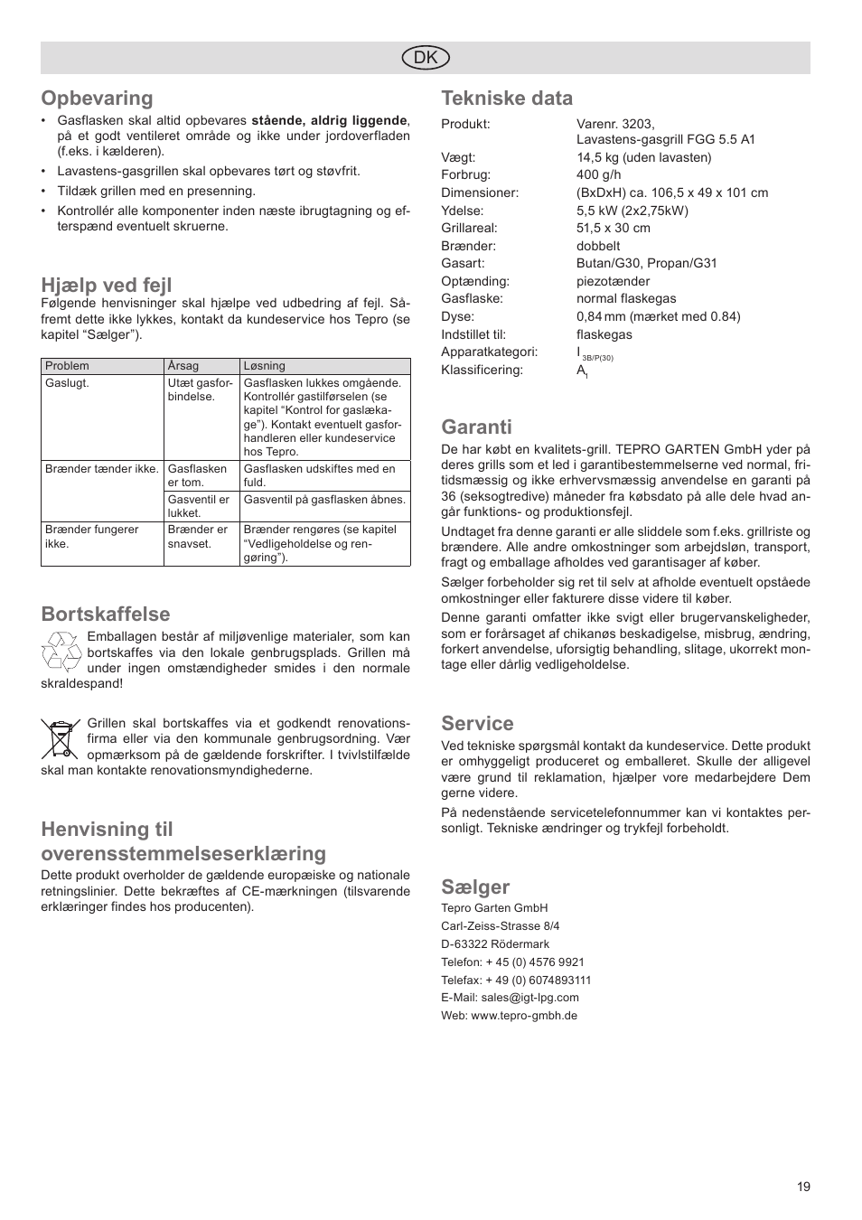 Opbevaring, Hjælp ved fejl, Bortskaffelse | Henvisning til overensstemmelseserklæring, Tekniske data, Garanti, Service, Sælger | Florabest FGG 5.5 A1 User Manual | Page 19 / 76