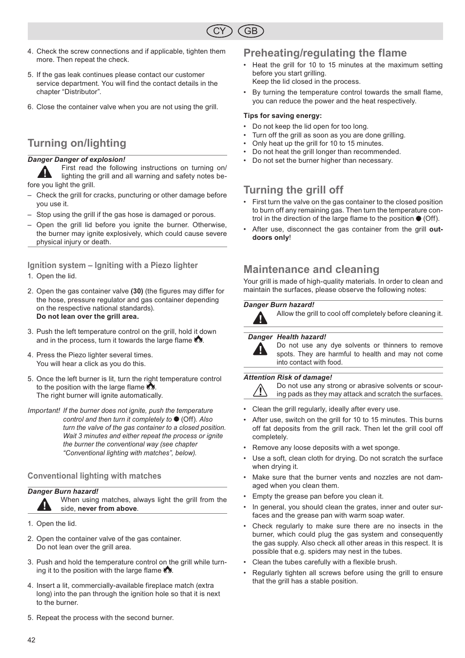 Turning on/lighting, Preheating/regulating the flame, Turning the grill off | Maintenance and cleaning, Cy gb | Florabest FGG 5.5 A1 User Manual | Page 42 / 76