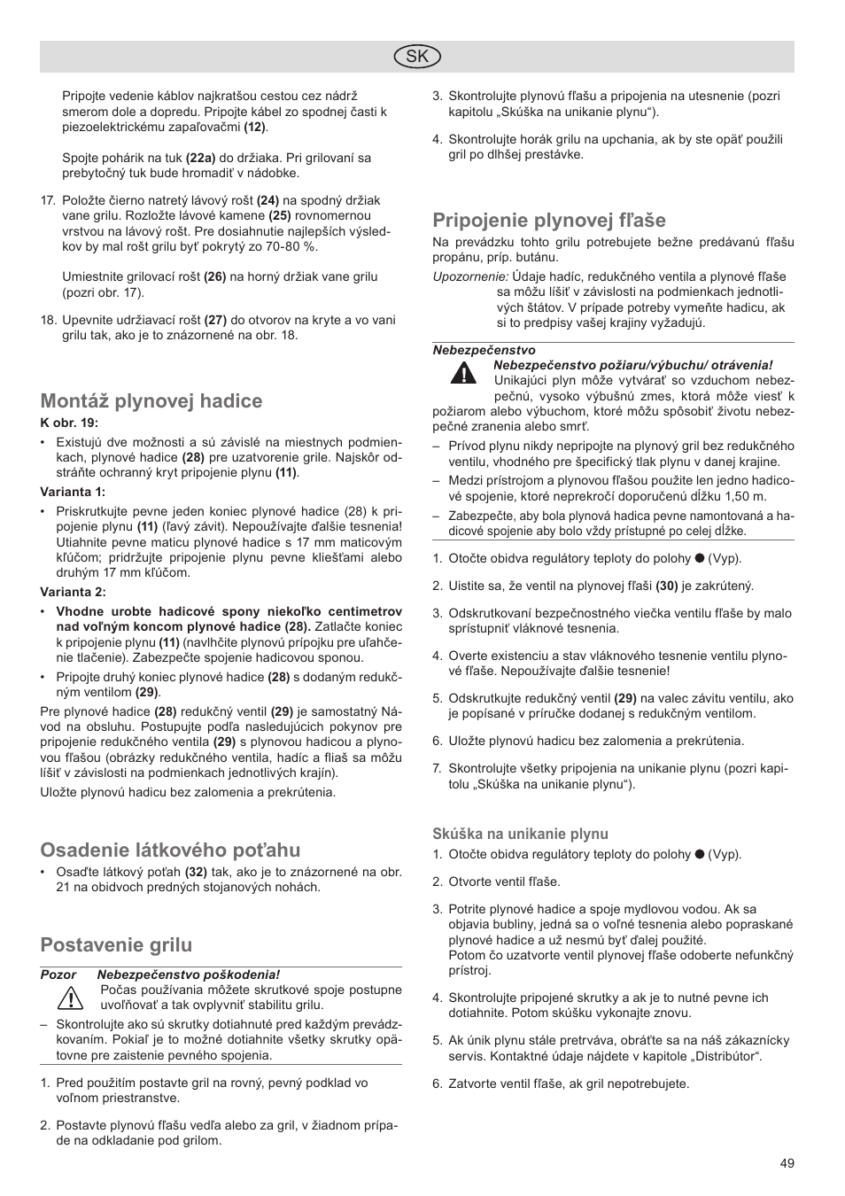 Montáž plynovej hadice, Osadenie látkového poťahu, Postavenie grilu | Pripojenie plynovej fľaše | Florabest FGG 5.5 A1 User Manual | Page 49 / 76