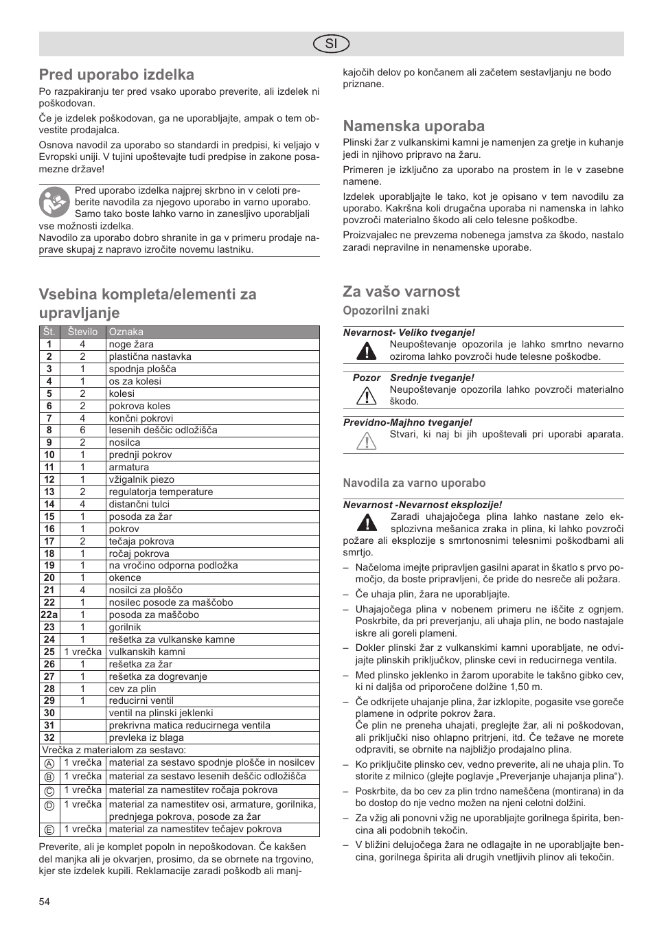 Pred uporabo izdelka, Vsebina kompleta/elementi za upravljanje, Namenska uporaba | Za vašo varnost | Florabest FGG 5.5 A1 User Manual | Page 54 / 76