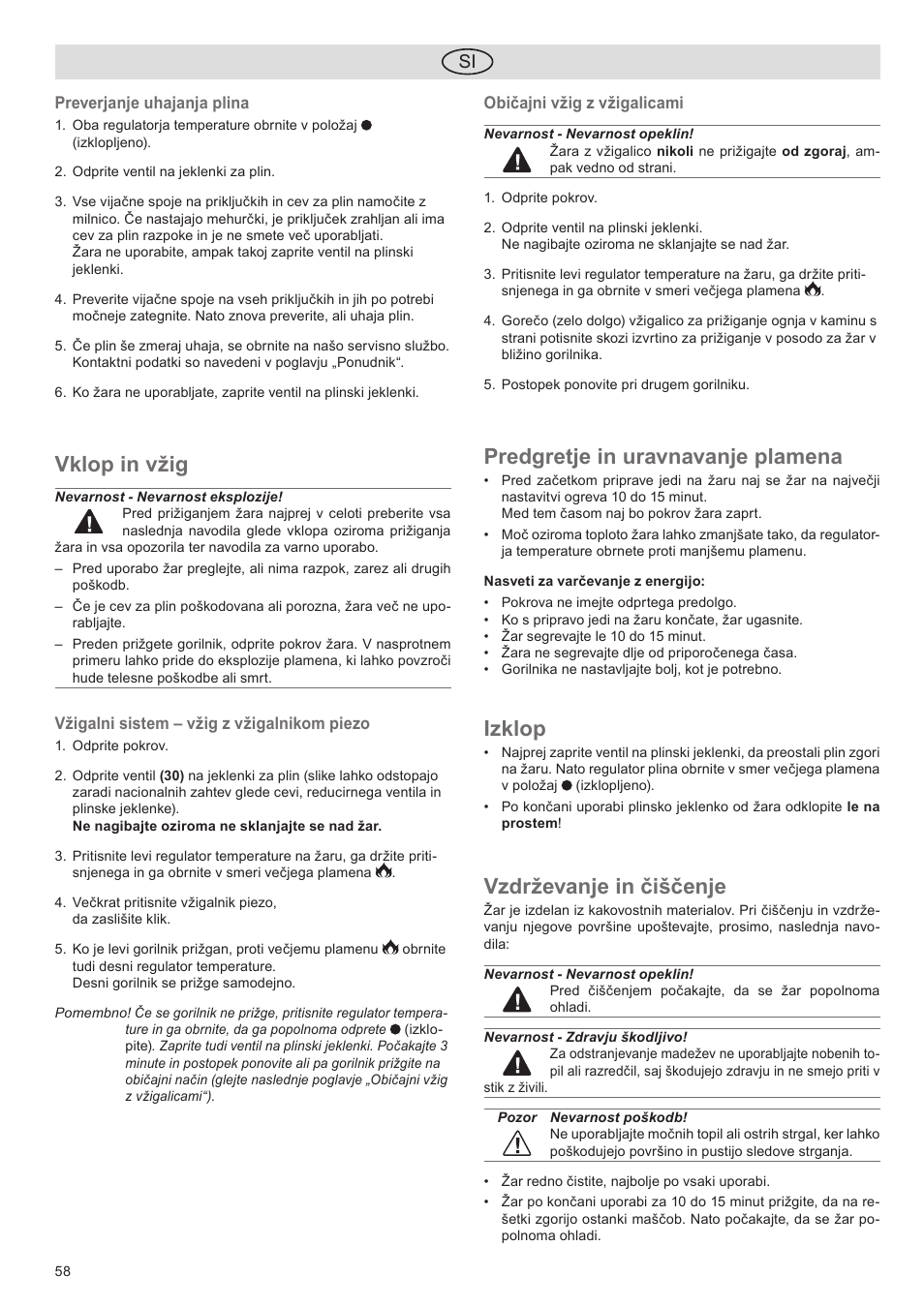 Vklop in vžig, Predgretje in uravnavanje plamena, Izklop | Vzdrževanje in čiščenje | Florabest FGG 5.5 A1 User Manual | Page 58 / 76