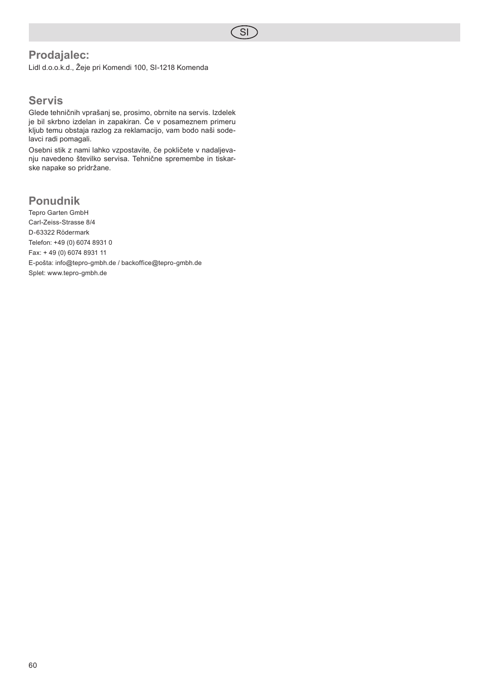 Prodajalec, Servis, Ponudnik | Florabest FGG 5.5 A1 User Manual | Page 60 / 76