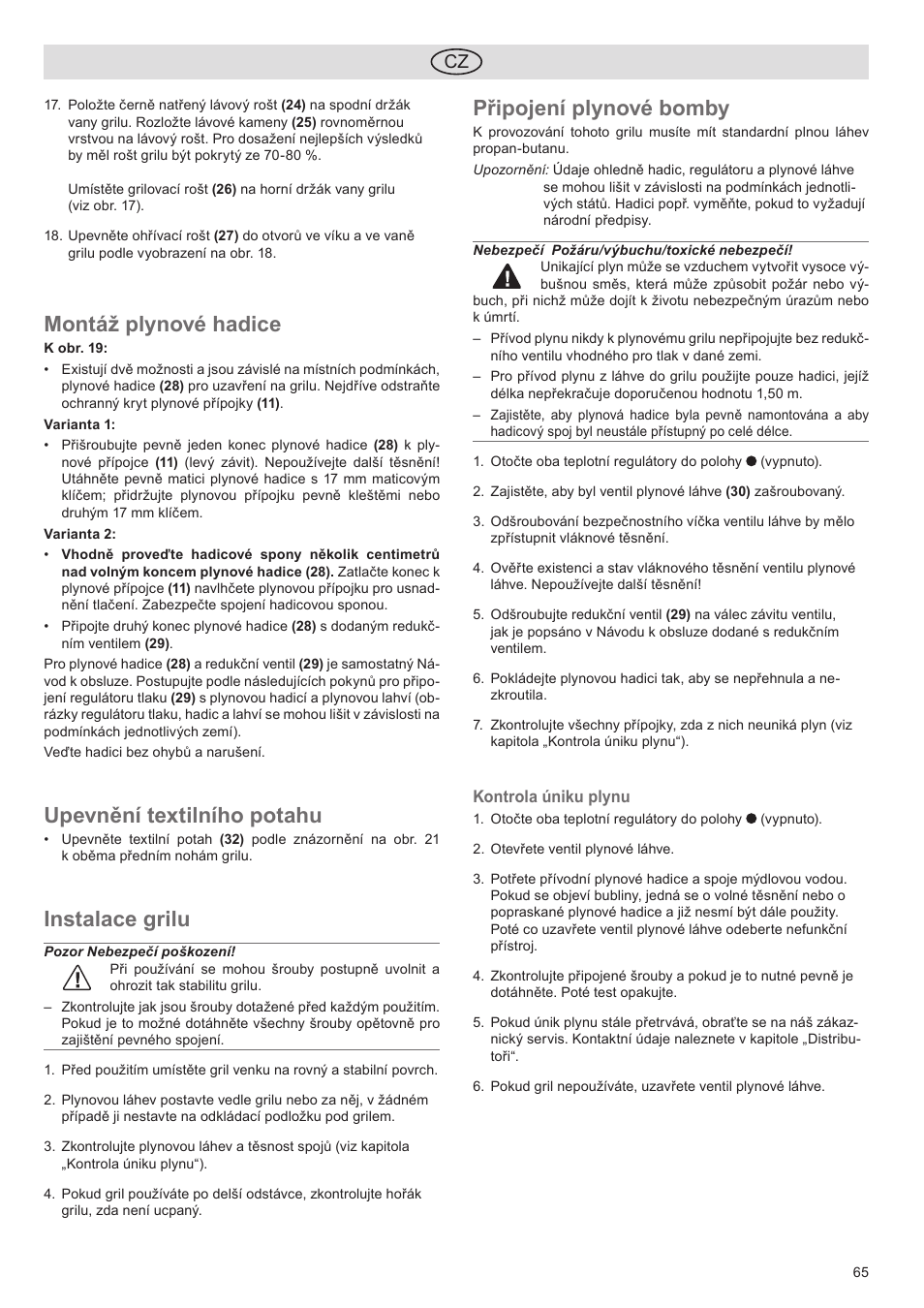 Montáž plynové hadice, Upevnění textilního potahu, Instalace grilu | Připojení plynové bomby | Florabest FGG 5.5 A1 User Manual | Page 65 / 76