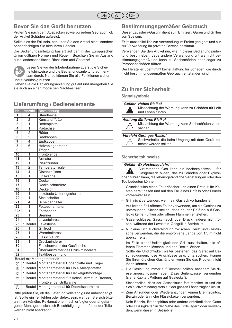 Bevor sie das gerät benutzen, Lieferumfang / bedienelemente, Bestimmungsgemäßer gebrauch | Zu ihrer sicherheit, De ch at | Florabest FGG 5.5 A1 User Manual | Page 70 / 76