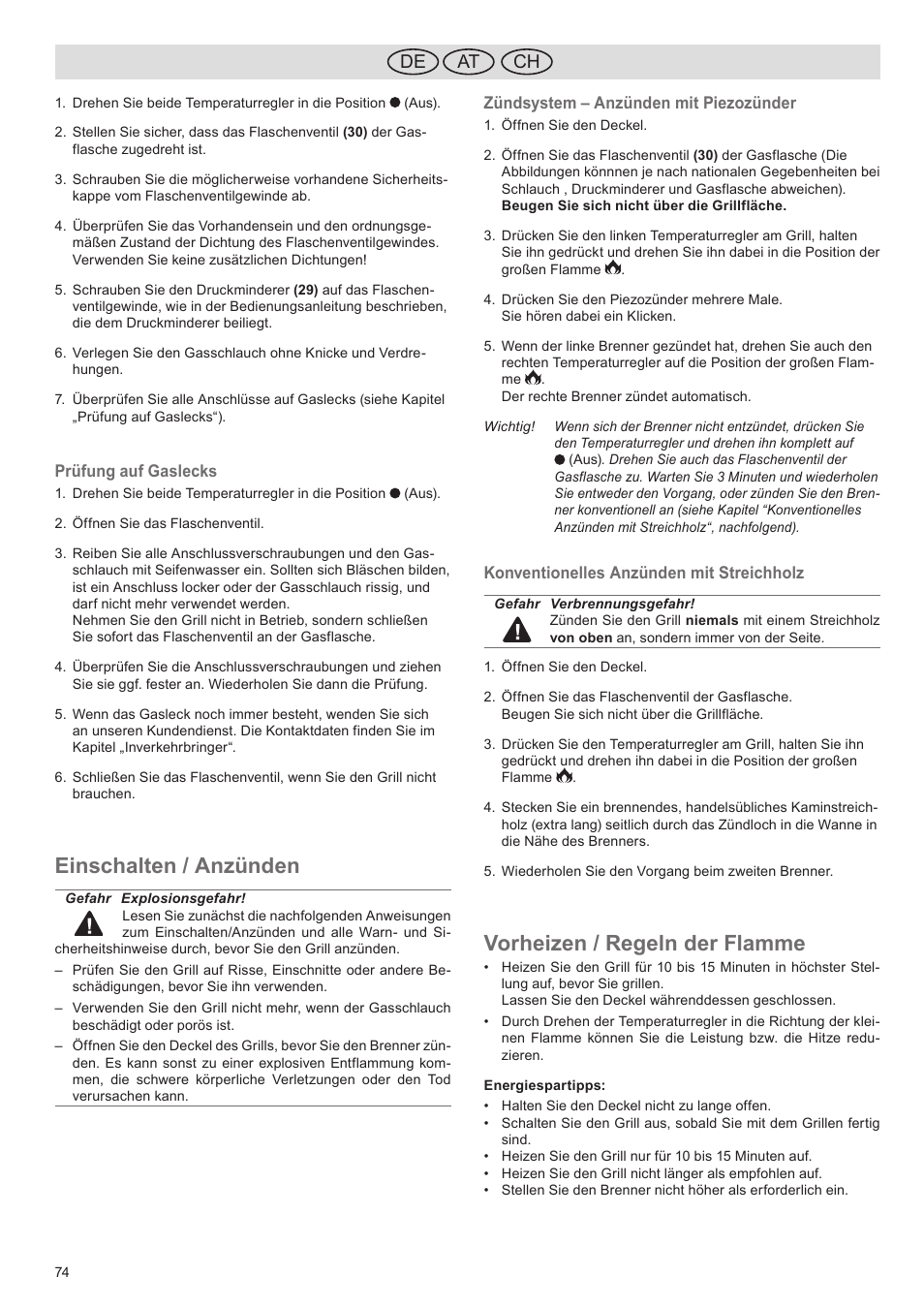 Einschalten / anzünden, Vorheizen / regeln der flamme, De ch at | Florabest FGG 5.5 A1 User Manual | Page 74 / 76