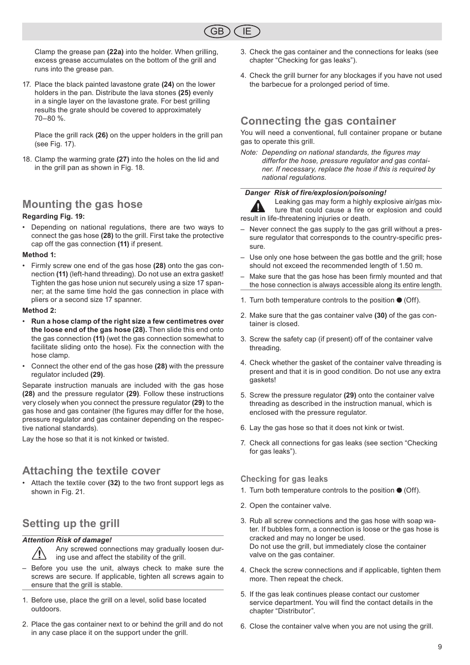 Mounting the gas hose, Attaching the textile cover, Setting up the grill | Connecting the gas container, Ie gb | Florabest FGG 5.5 A1 User Manual | Page 9 / 76