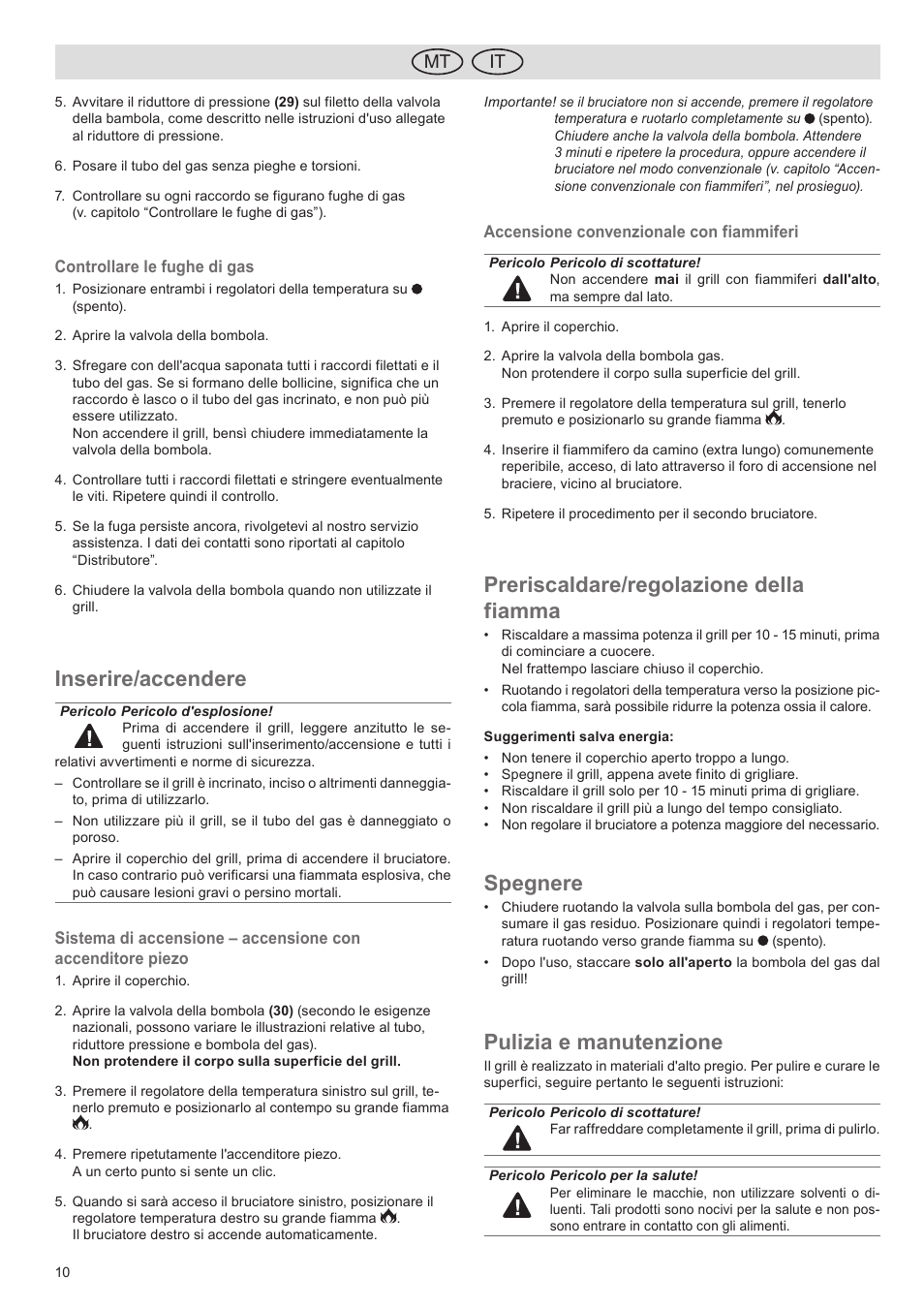 Inserire/accendere, Preriscaldare/regolazione della fiamma, Spegnere | Pulizia e manutenzione, It mt | Florabest FGG 5.5 A1 User Manual | Page 10 / 44