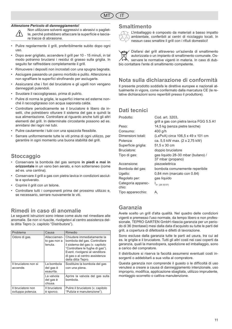 Stoccaggio, Rimedi in caso di anomalie, Smaltimento | Nota sulla dichiarazione di conformità, Dati tecnici, Garanzia, It mt | Florabest FGG 5.5 A1 User Manual | Page 11 / 44