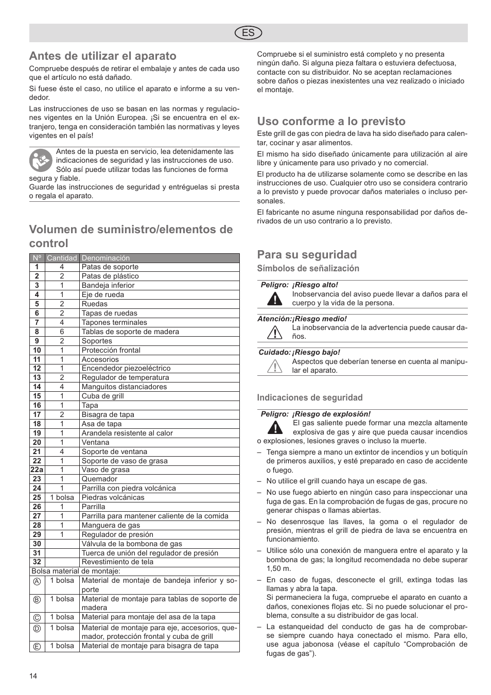 Antes de utilizar el aparato, Volumen de suministro/elementos de control, Uso conforme a lo previsto | Para su seguridad | Florabest FGG 5.5 A1 User Manual | Page 14 / 44
