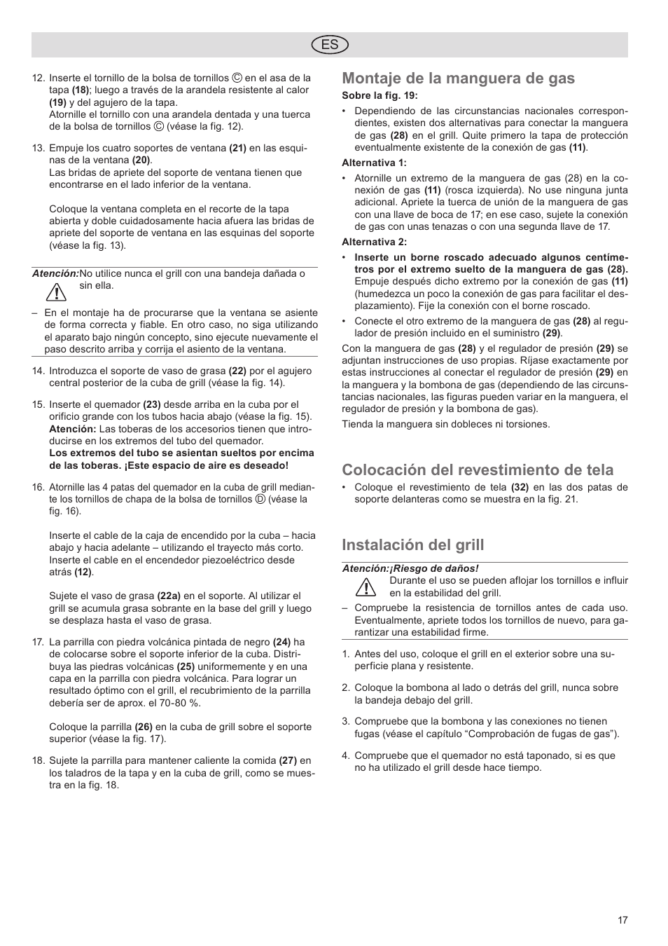 Montaje de la manguera de gas, Colocación del revestimiento de tela, Instalación del grill | Florabest FGG 5.5 A1 User Manual | Page 17 / 44