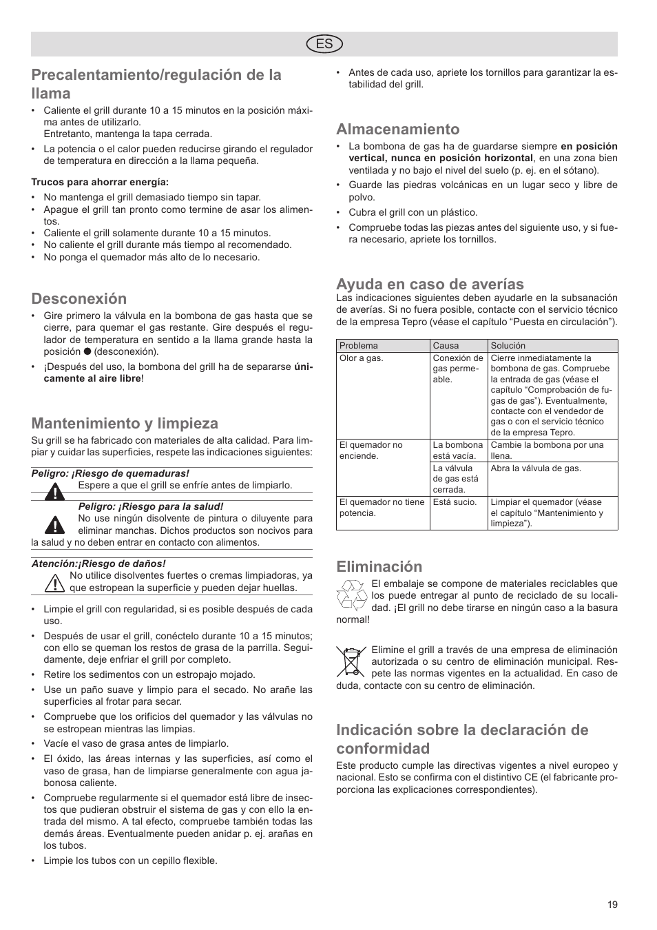 Precalentamiento/regulación de la llama, Desconexión, Mantenimiento y limpieza | Almacenamiento, Ayuda en caso de averías, Eliminación, Indicación sobre la declaración de conformidad | Florabest FGG 5.5 A1 User Manual | Page 19 / 44