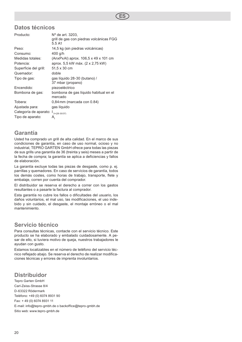 Datos técnicos, Garantía, Servicio técnico | Distribuidor | Florabest FGG 5.5 A1 User Manual | Page 20 / 44