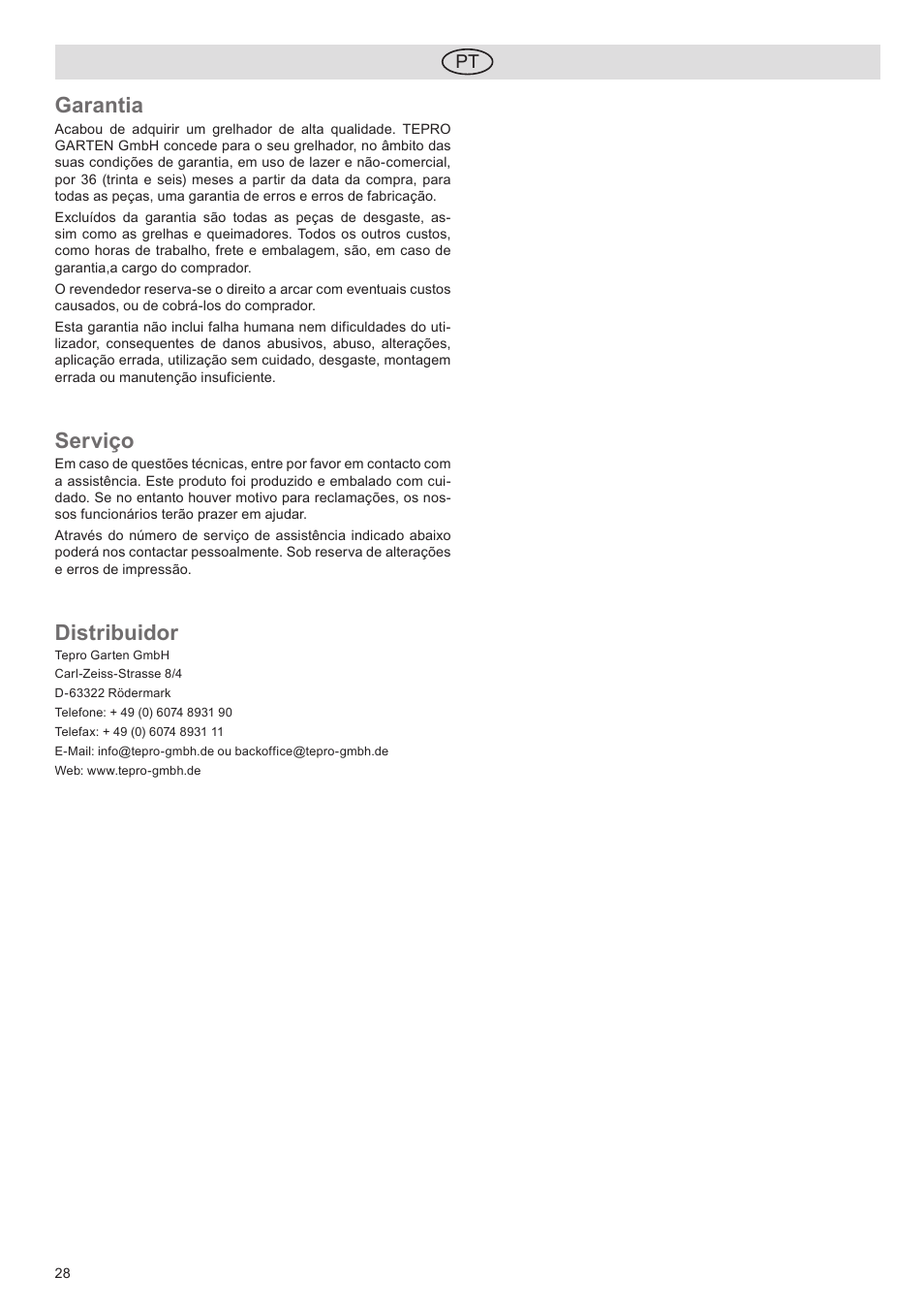 Garantia, Serviço, Distribuidor | Florabest FGG 5.5 A1 User Manual | Page 28 / 44