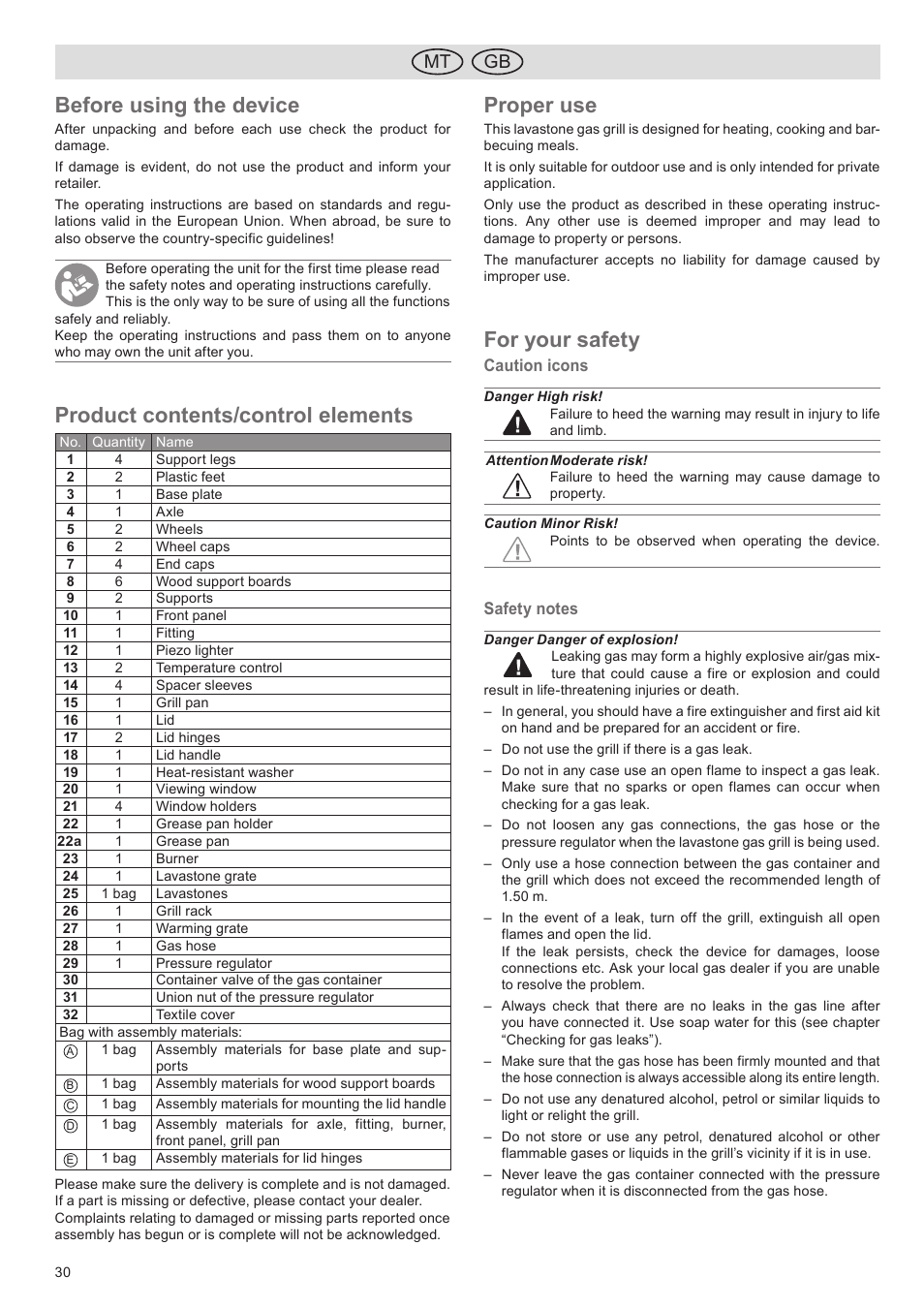 Before using the device, Product contents/control elements, Proper use | For your safety, Mt gb | Florabest FGG 5.5 A1 User Manual | Page 30 / 44