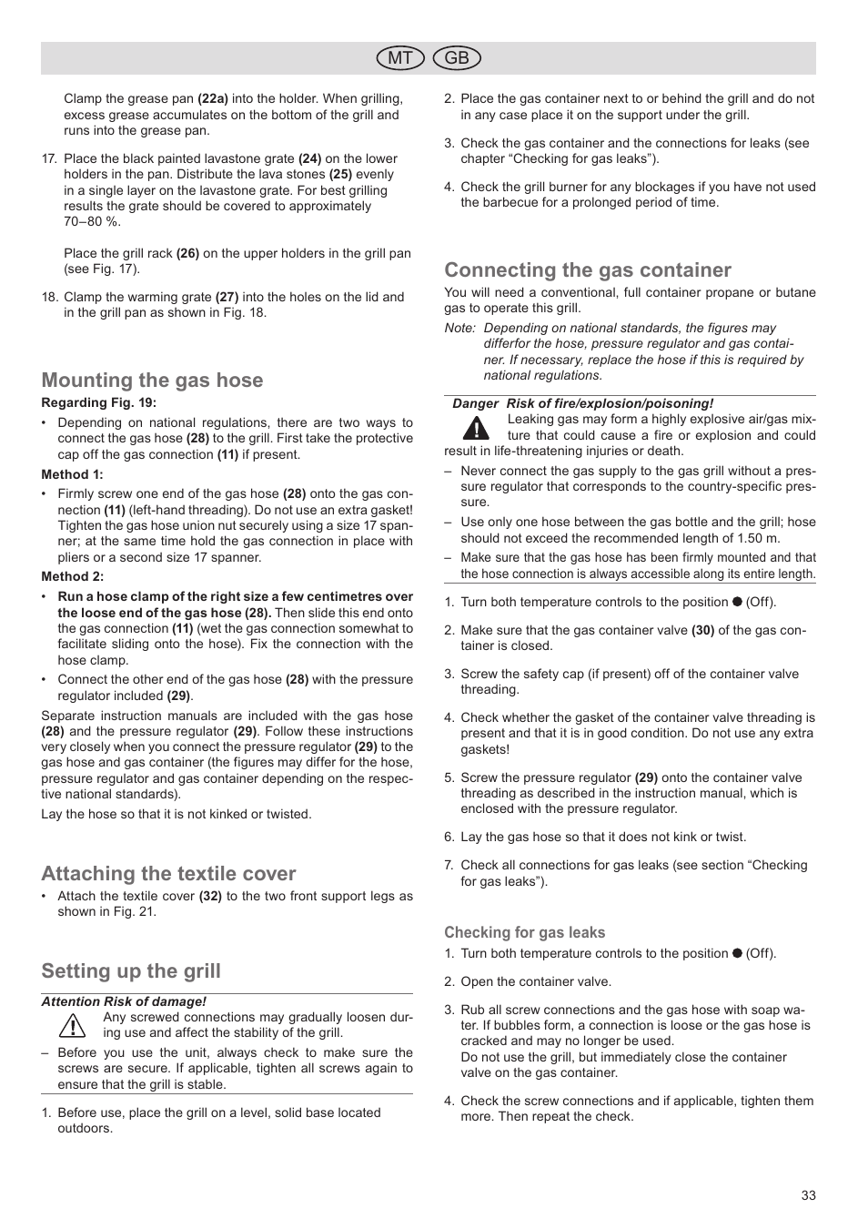 Mounting the gas hose, Attaching the textile cover, Setting up the grill | Connecting the gas container, Mt gb | Florabest FGG 5.5 A1 User Manual | Page 33 / 44