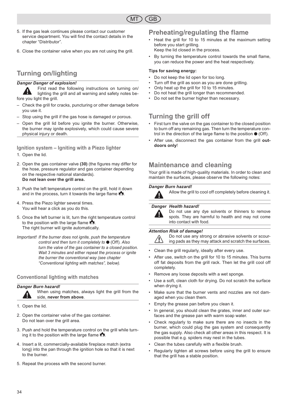 Turning on/lighting, Preheating/regulating the flame, Turning the grill off | Maintenance and cleaning, Mt gb | Florabest FGG 5.5 A1 User Manual | Page 34 / 44