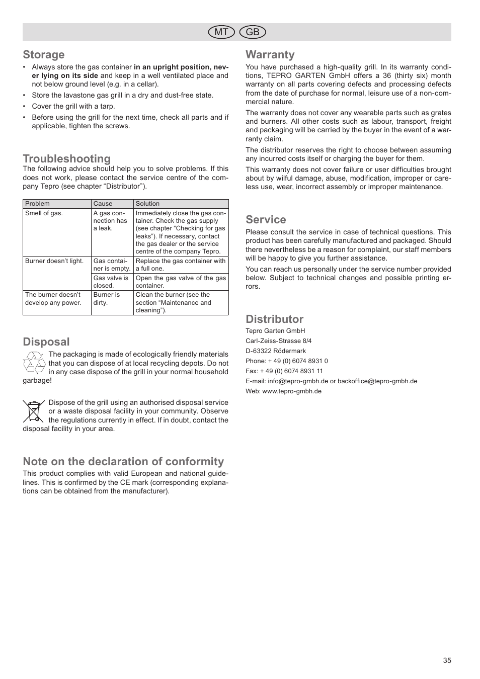 Storage, Troubleshooting, Disposal | Warranty, Service, Distributor, Mt gb | Florabest FGG 5.5 A1 User Manual | Page 35 / 44