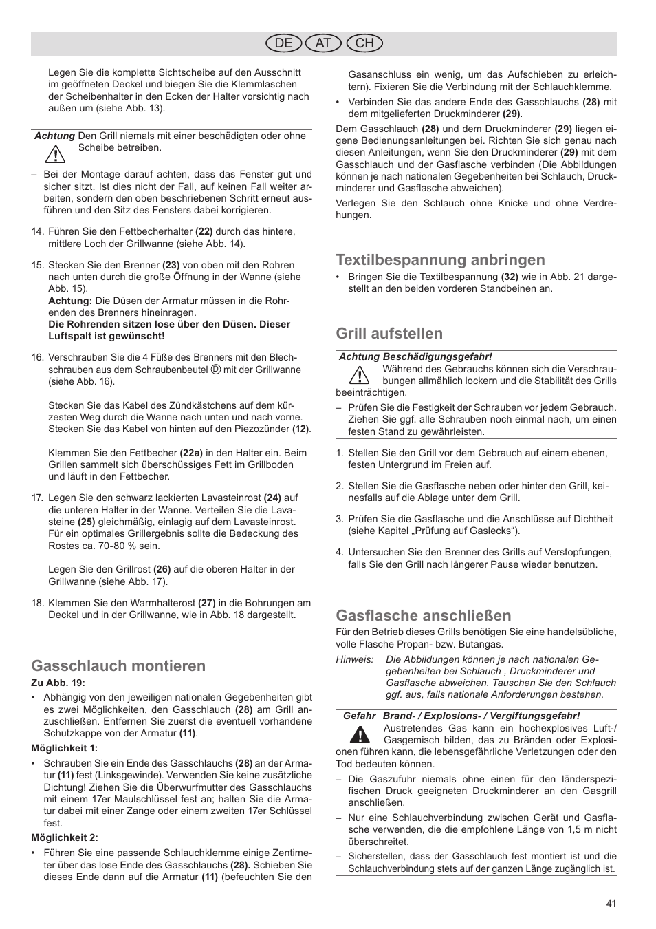 Gasschlauch montieren, Textilbespannung anbringen, Grill aufstellen | Gasflasche anschließen, De ch at | Florabest FGG 5.5 A1 User Manual | Page 41 / 44