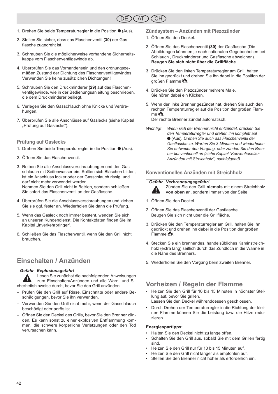 Einschalten / anzünden, Vorheizen / regeln der flamme, De ch at | Florabest FGG 5.5 A1 User Manual | Page 42 / 44