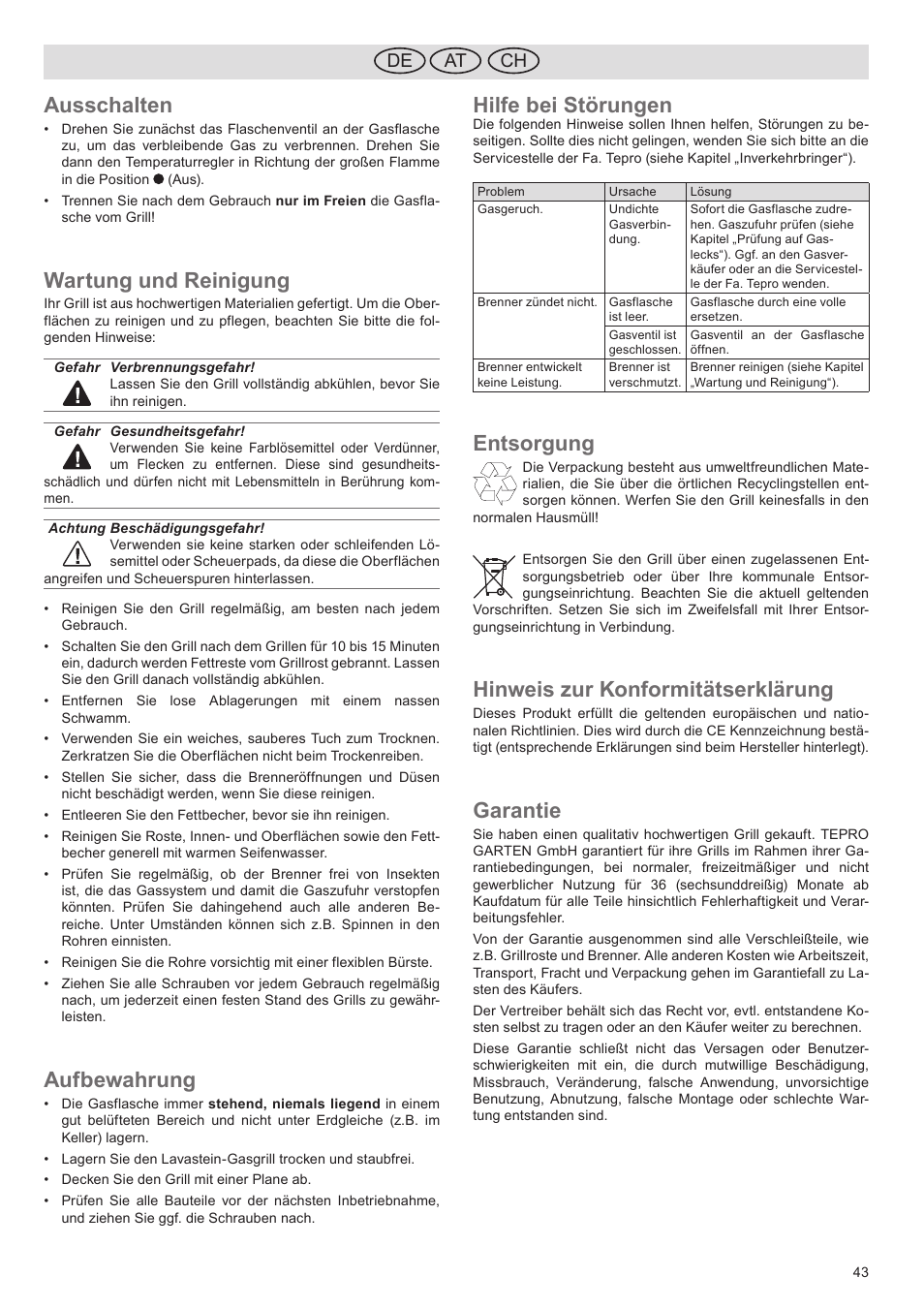 Ausschalten, Wartung und reinigung, Aufbewahrung | Hilfe bei störungen, Entsorgung, Hinweis zur konformitätserklärung, Garantie, De ch at | Florabest FGG 5.5 A1 User Manual | Page 43 / 44
