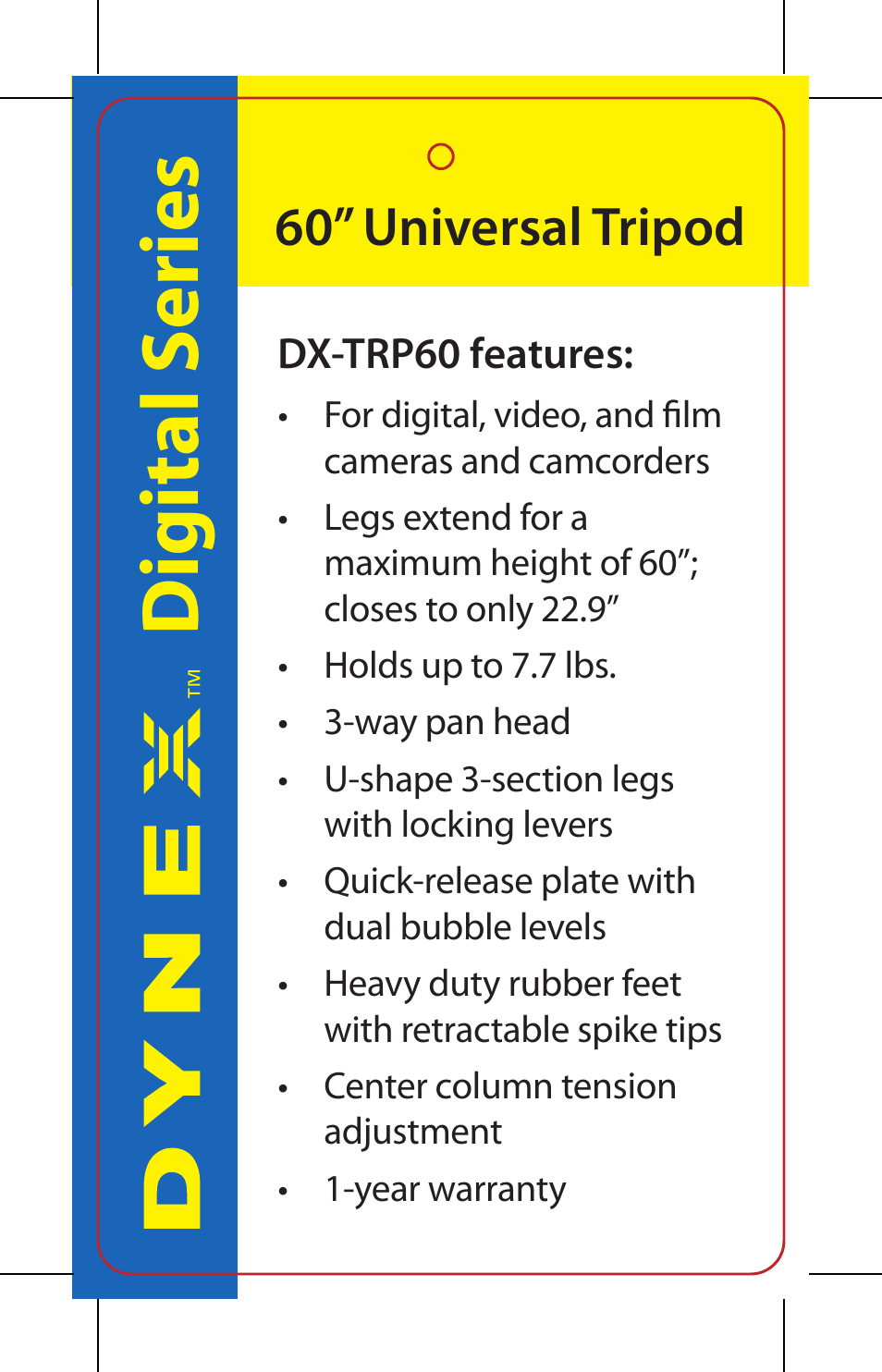 Digital s e ries, 60” universal tripod | Dynex DX-TRP60 User Manual | Page 2 / 2