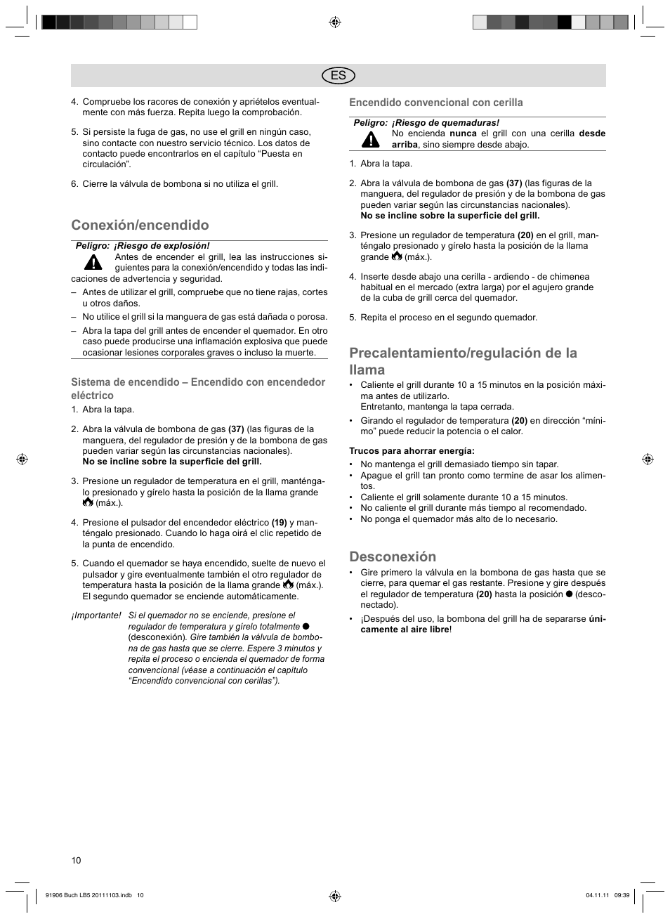 Conexión/encendido, Precalentamiento/regulación de la llama, Desconexión | Florabest FGG 6.7 B2 User Manual | Page 10 / 42