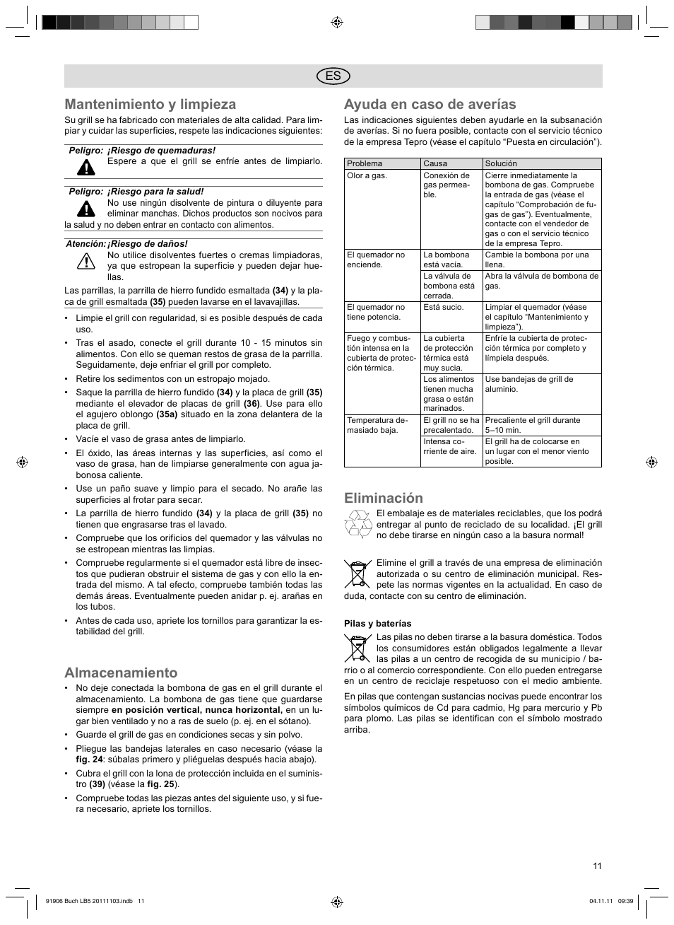 Mantenimiento y limpieza, Almacenamiento, Ayuda en caso de averías | Eliminación | Florabest FGG 6.7 B2 User Manual | Page 11 / 42