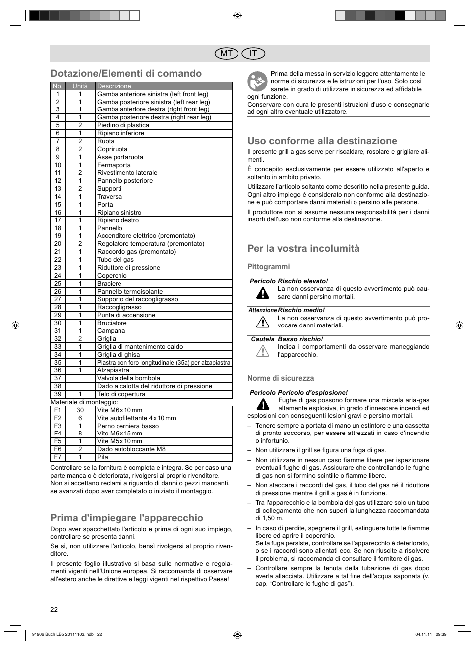 Dotazione/elementi di comando, Prima d'impiegare l'apparecchio, Uso conforme alla destinazione | Per la vostra incolumità, It mt | Florabest FGG 6.7 B2 User Manual | Page 22 / 42